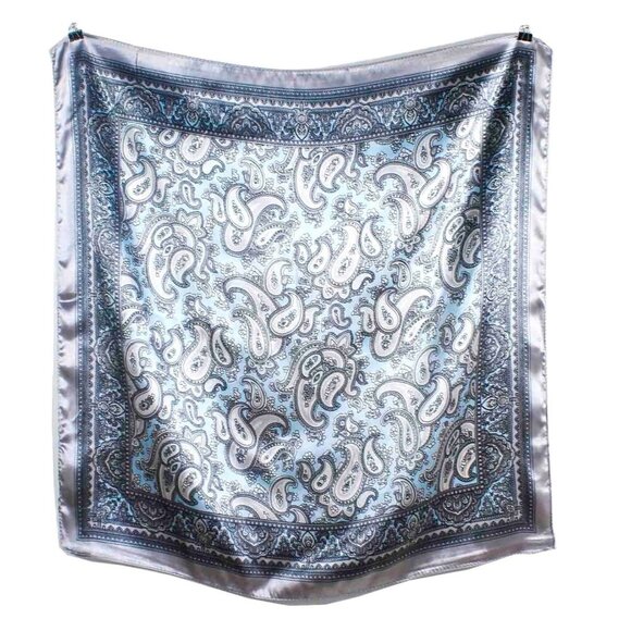 Lt Blue Black White Silver Paisley Satin Scarf Western Wild Rage Boho Chic 23" - Picture 1 of 11